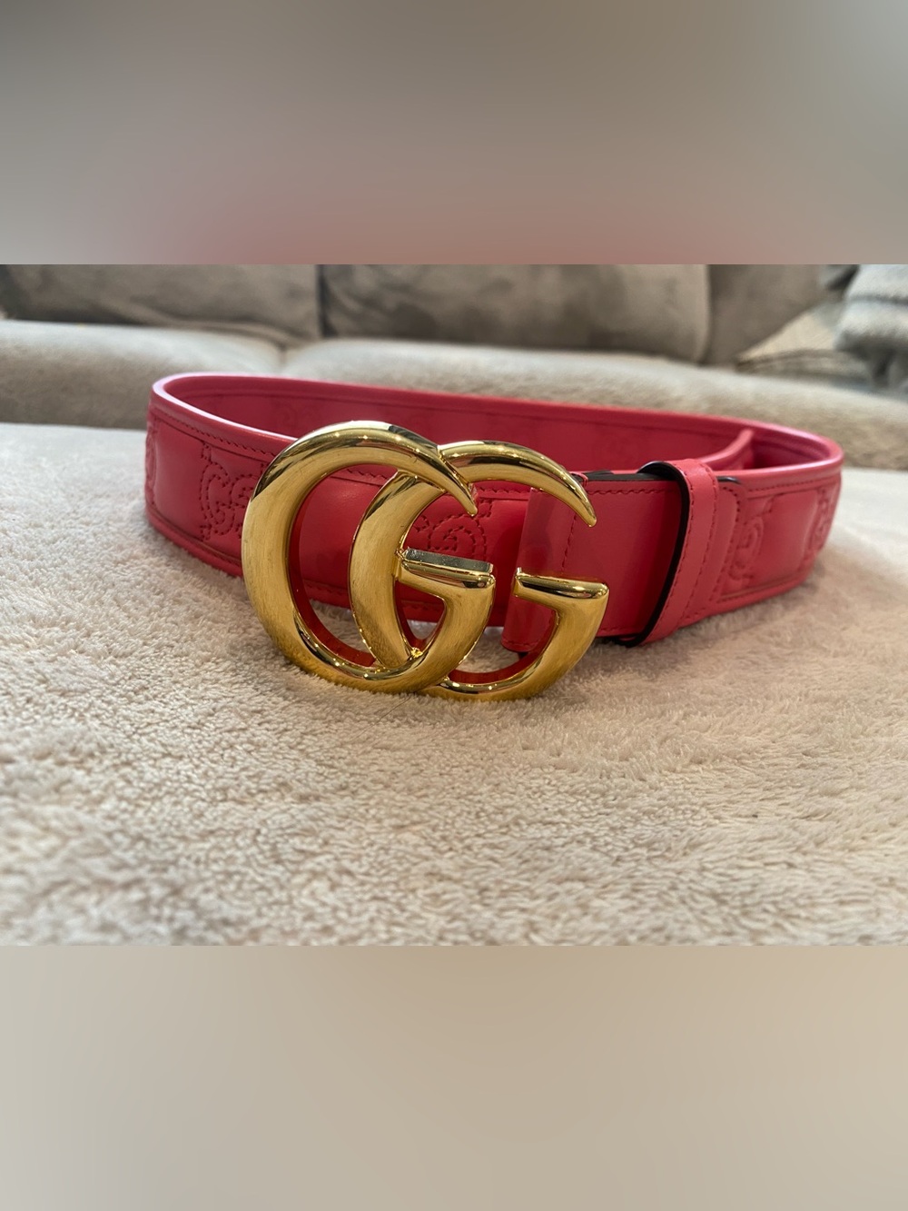 Gucci  Pink Leather Belt with Gold Double G Buckle